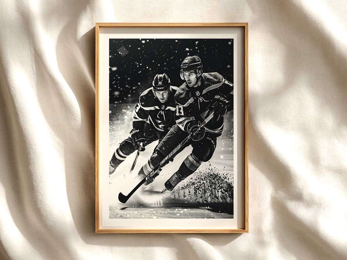 Single hockey stick silhouette casting a sharp shadow on bright ice with subtle skate marks