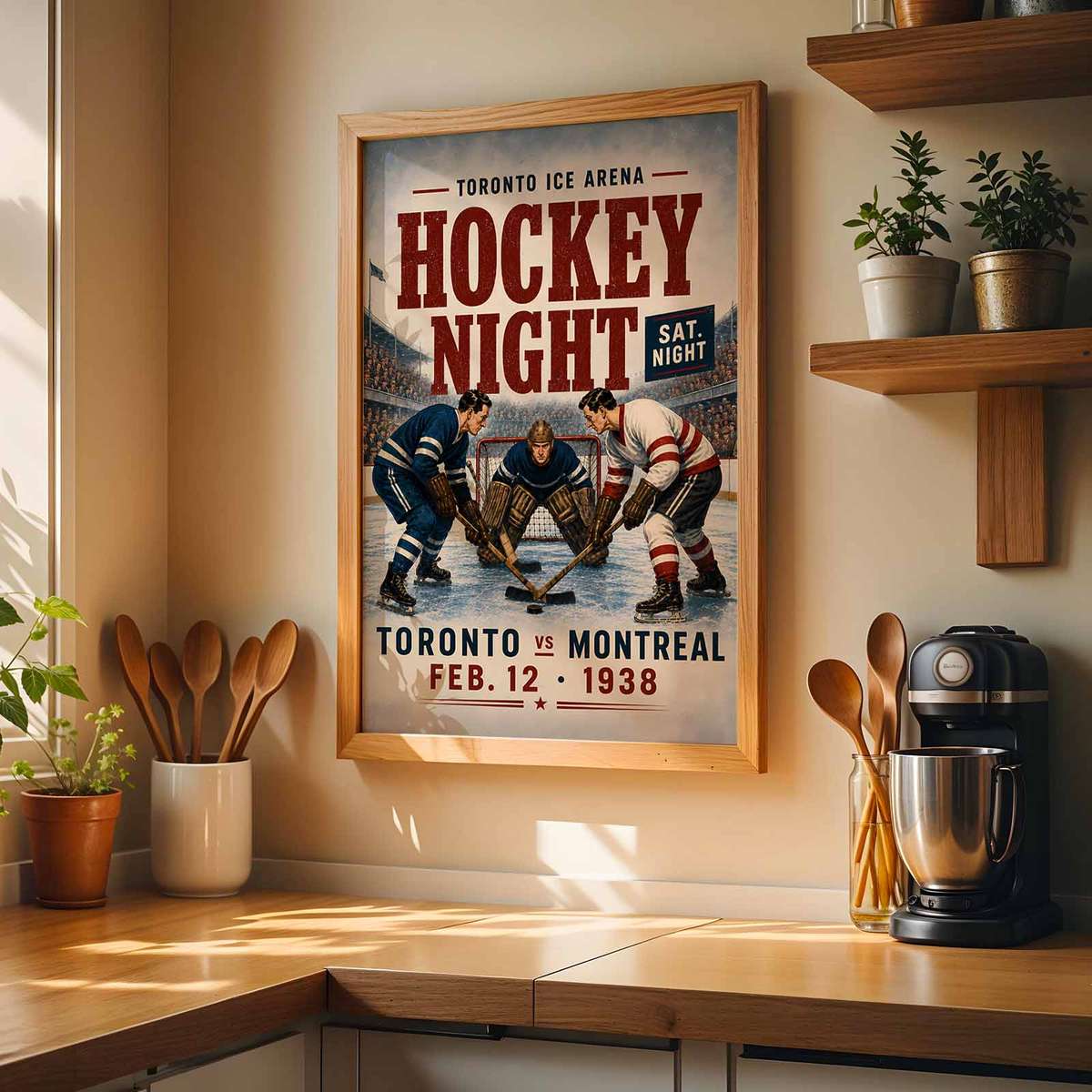 Artistic view of Hockey showing fast-paced ice action with strong arena depth for locker room decor
