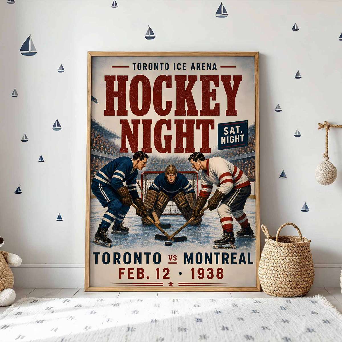 Vintage illustration of Hockey presented through puck movement with a dramatic arena atmosphere