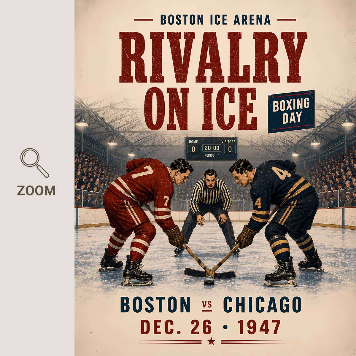 Ice hockey - Vintage 1947 Boston vs Chicago Boxing Day Match. boston composition styled as poster and featuring hockey equipment detail and game-night atmosphere inspired by bruin