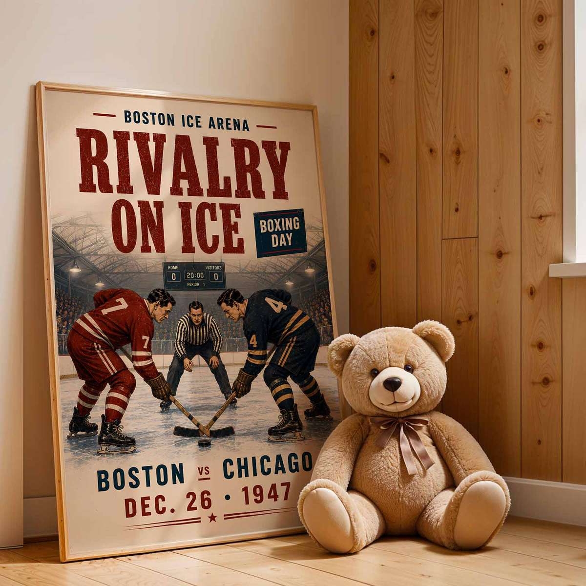 Ice hockey - Vintage 1947 Boston vs Chicago Boxing Day Match. boston decorative print featuring puck movement with a dramatic arena atmosphere inspired by bruin boston for hockey