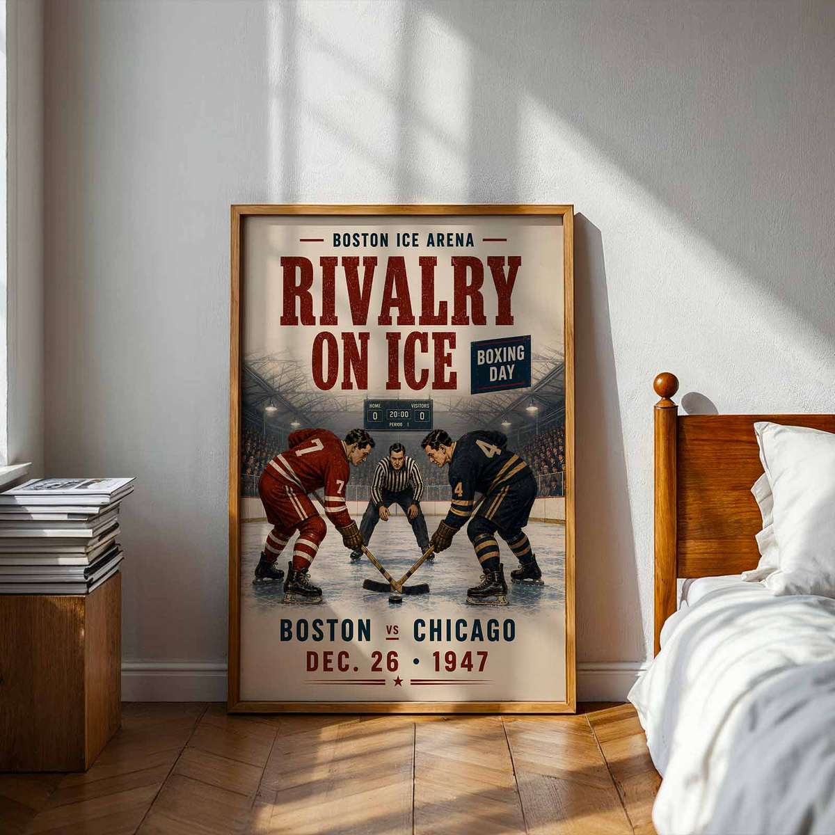 Ice hockey - Vintage 1947 Boston vs Chicago Boxing Day Match. boston poster combining competitive ice action and bold visual energy inspired by bruin boston in a bold composition