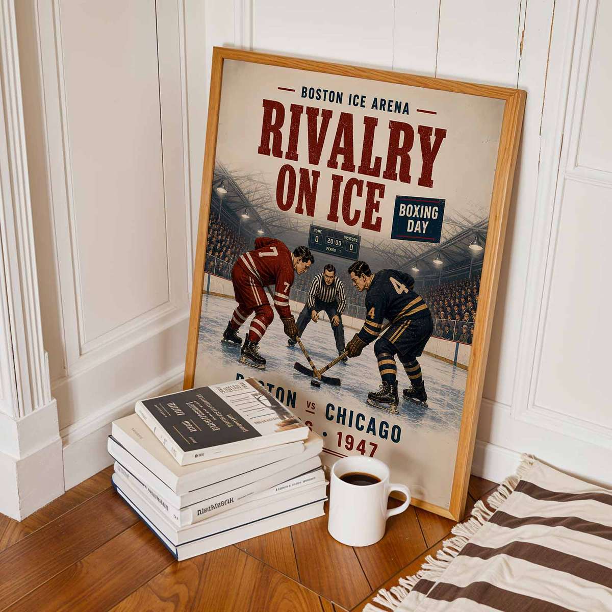 Vintage poster of Ice hockey - Vintage 1947 Boston vs Chicago Boxing Day Match. boston created for game room decor