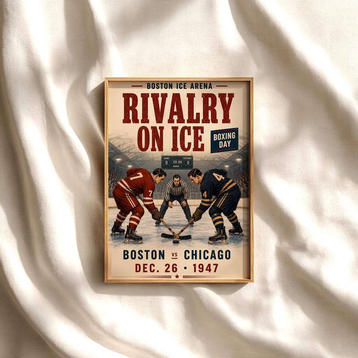 Vintage wall art centered on Ice hockey - Vintage 1947 Boston vs Chicago Boxing Day Match. boston with a bold atmosphere