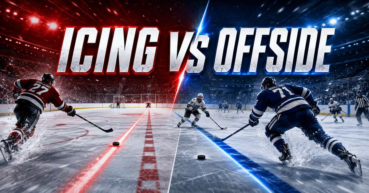 Hockey rink diagram highlighting the center line and goal line showing where an icing call is made
