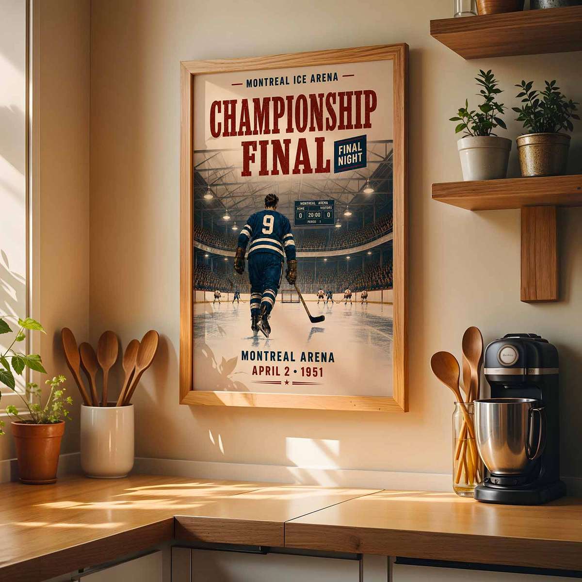 Vintage illustration of intage NHL presented through fast-paced ice action with strong arena depth inspired by montreal habs hockey
