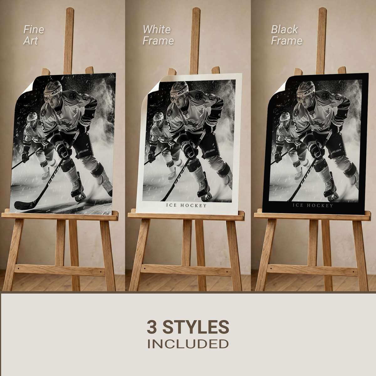 Silhouette of a hockey player mid-stride with stick extended, emphasizing motion and curve of the skate blade on ice