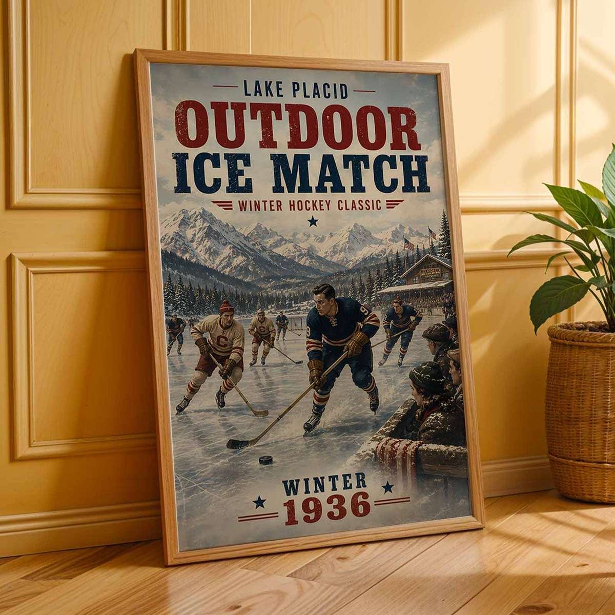 Gallery-style Lake placid - Vintage 1936 Winter Hockey Classic Outdoor Ice Match. lake artwork with vintage details for game room decor