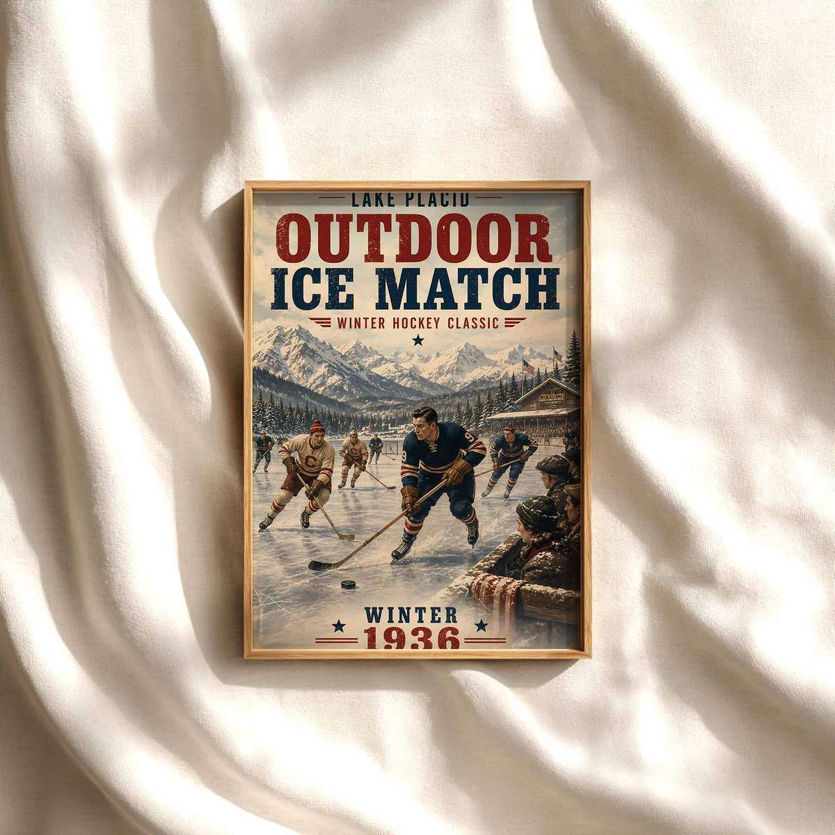 Gallery-style Lake placid - Vintage 1936 Winter Hockey Classic Outdoor Ice Match. lake artwork with vintage details for game room decor