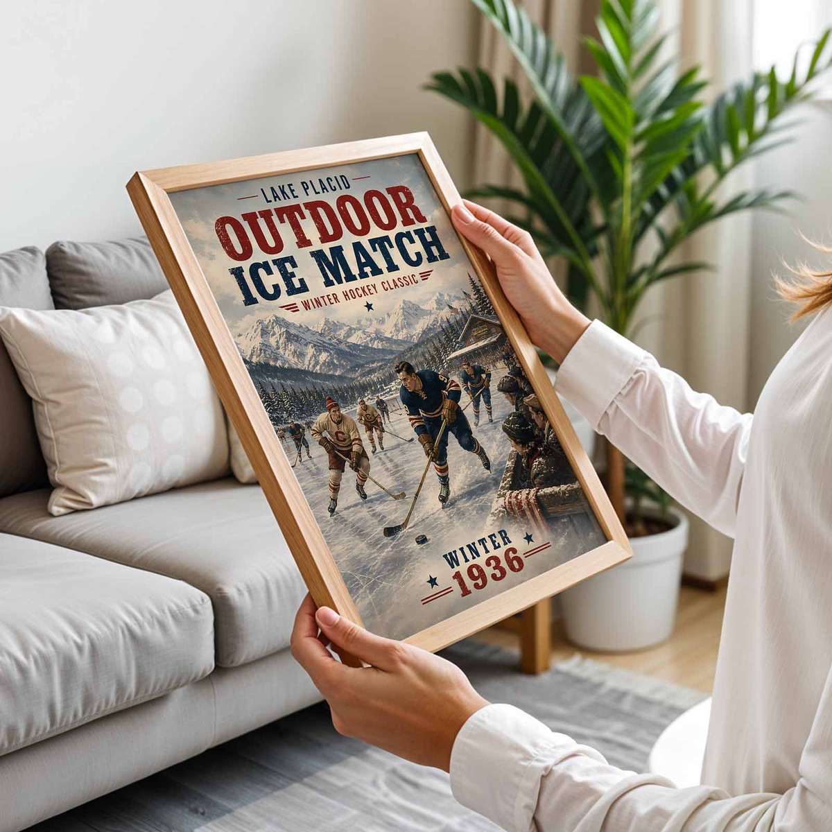 Gallery-style Lake placid - Vintage 1936 Winter Hockey Classic Outdoor Ice Match. lake artwork with vintage details for locker room decor