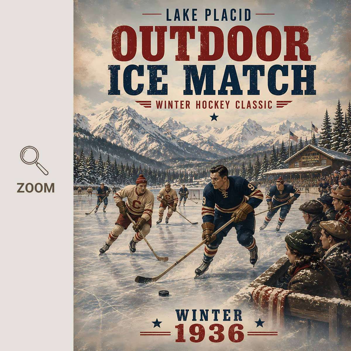 Artistic view of Lake placid - Vintage 1936 Winter Hockey Classic Outdoor Ice Match. lake showing fast-paced ice action with strong arena depth inspired by hockey fan for game room