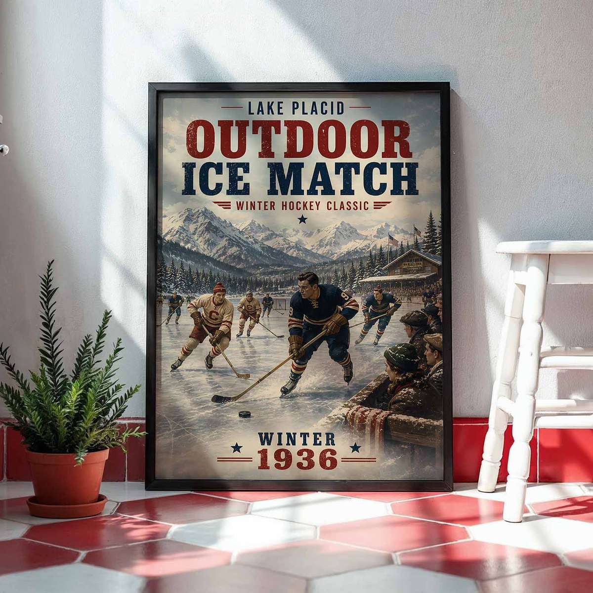 Decorative Lake placid - Vintage 1936 Winter Hockey Classic Outdoor Ice Match. lake artwork designed for ice sports enthusiasts and locker room decor