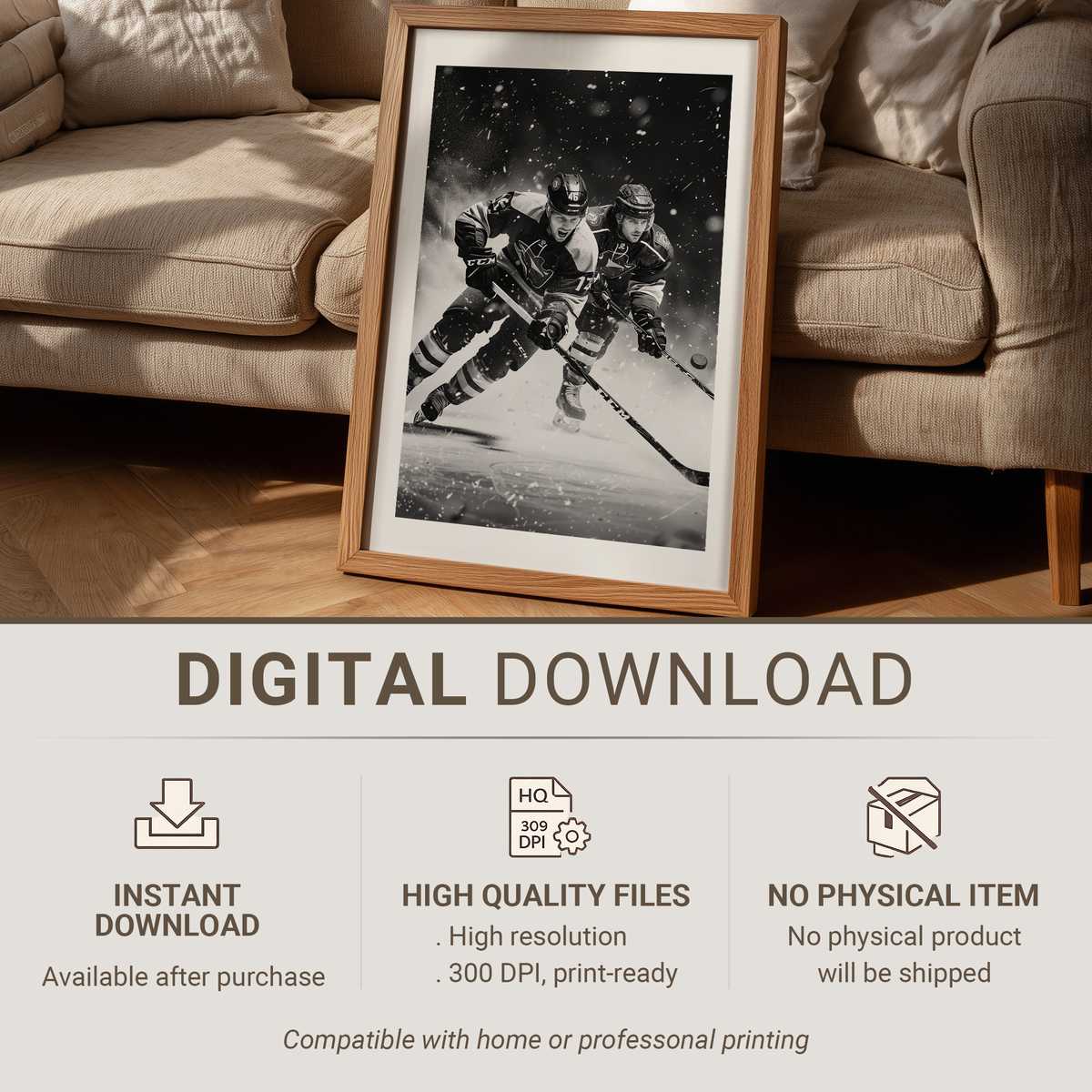 Wide shot of an ice rink glowing under overhead lights, creating a luminous surface ideal for wall art