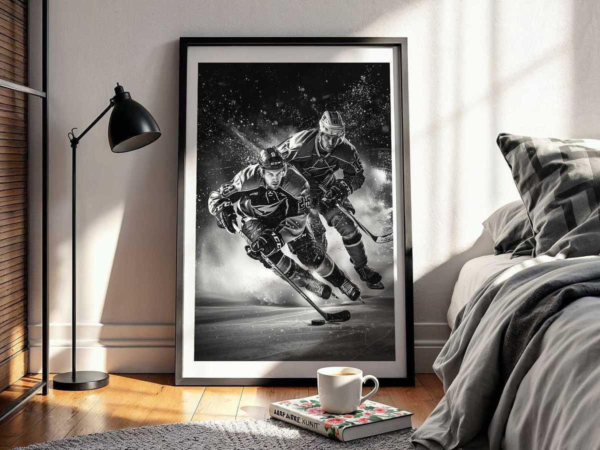 Minimal composition of hockey stick and puck on negative space to reinforce iconic game symbols