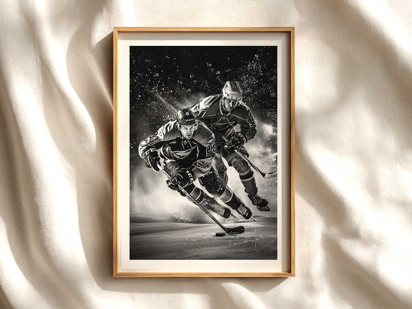 Minimalist arrangement of a hockey stick and glove on reflective ice with soft shadow contours