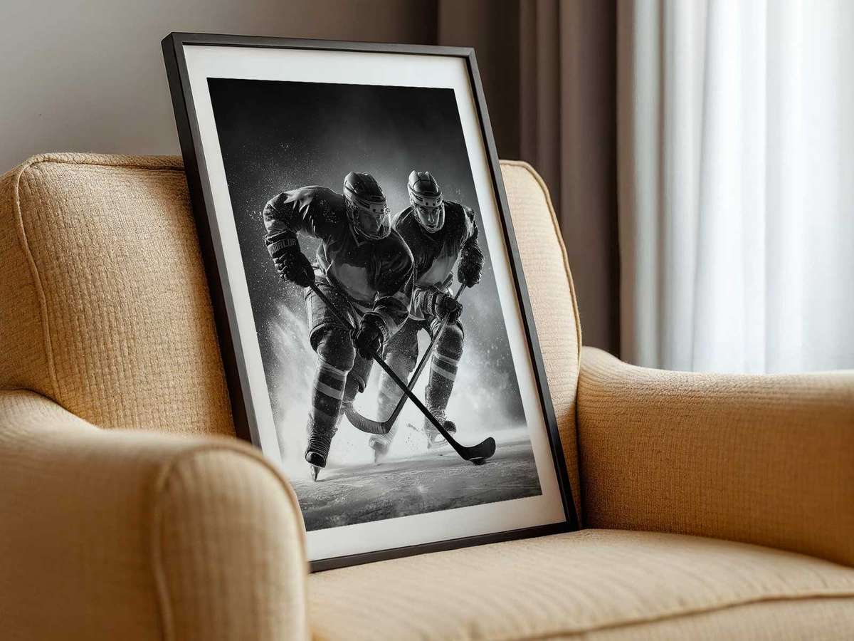 Minimalist poster of McDavid with extensive white ice space framing the player, focusing attention on form and motion