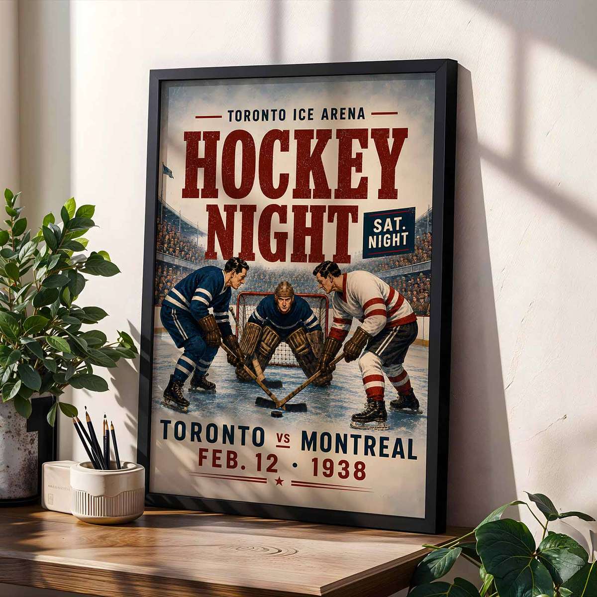 Hockey poster combining puck movement with a dramatic arena atmosphere in a competitive composition
