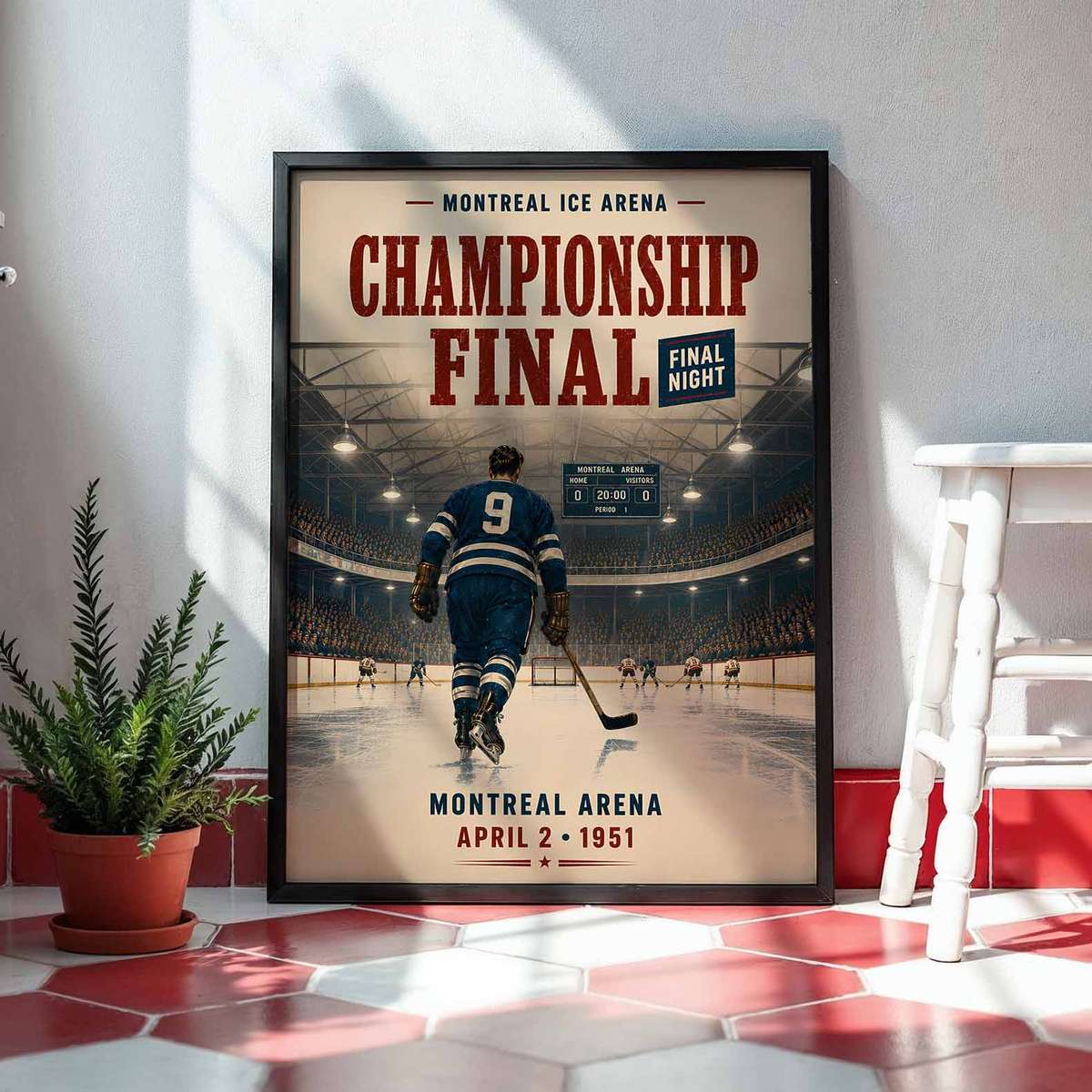 Intage NHL composition styled as poster and featuring hockey equipment detail and game-night atmosphere