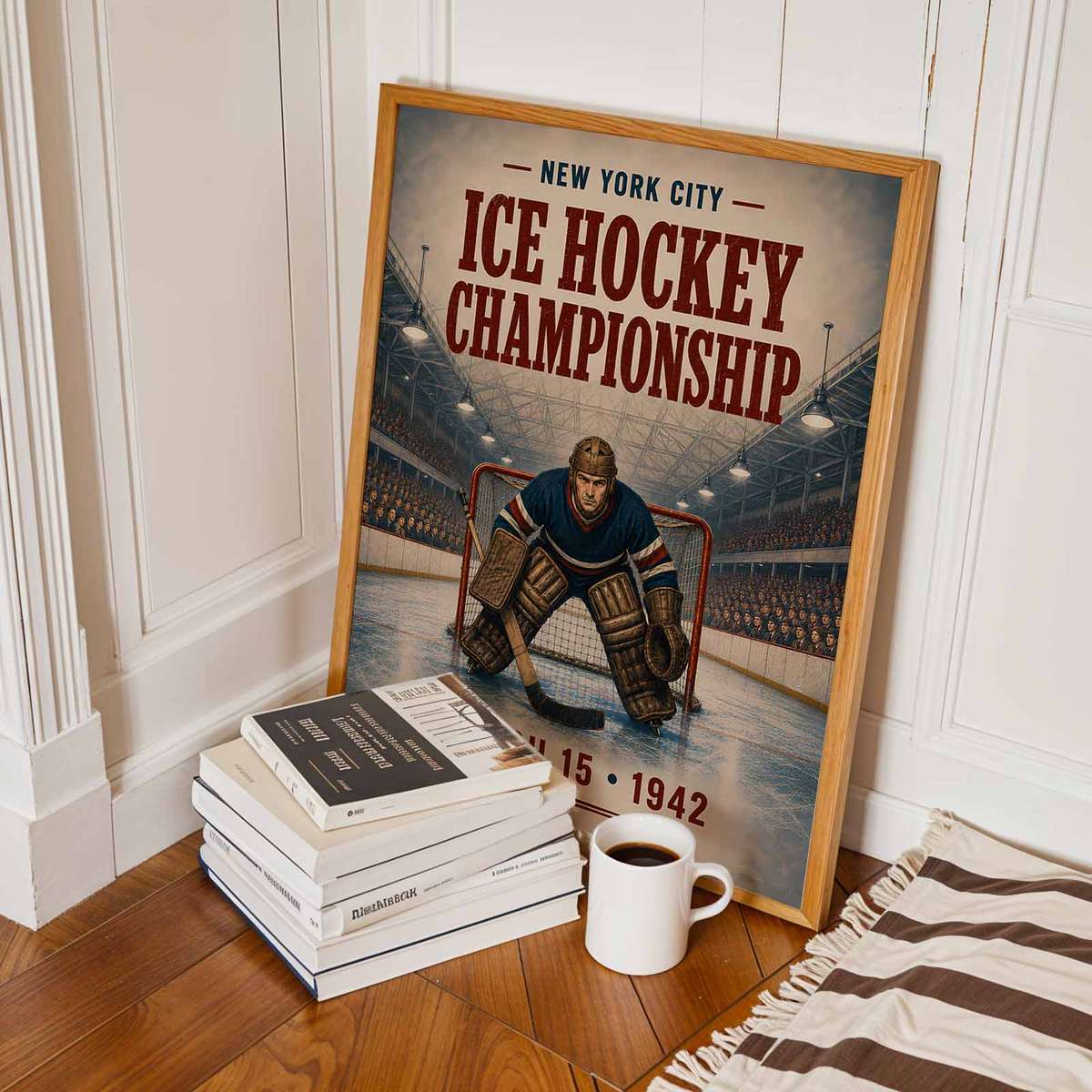 NHL Hockey wall art combining ice-rink action and fast skating detail inspired by ny rangers goalie in a energetic composition