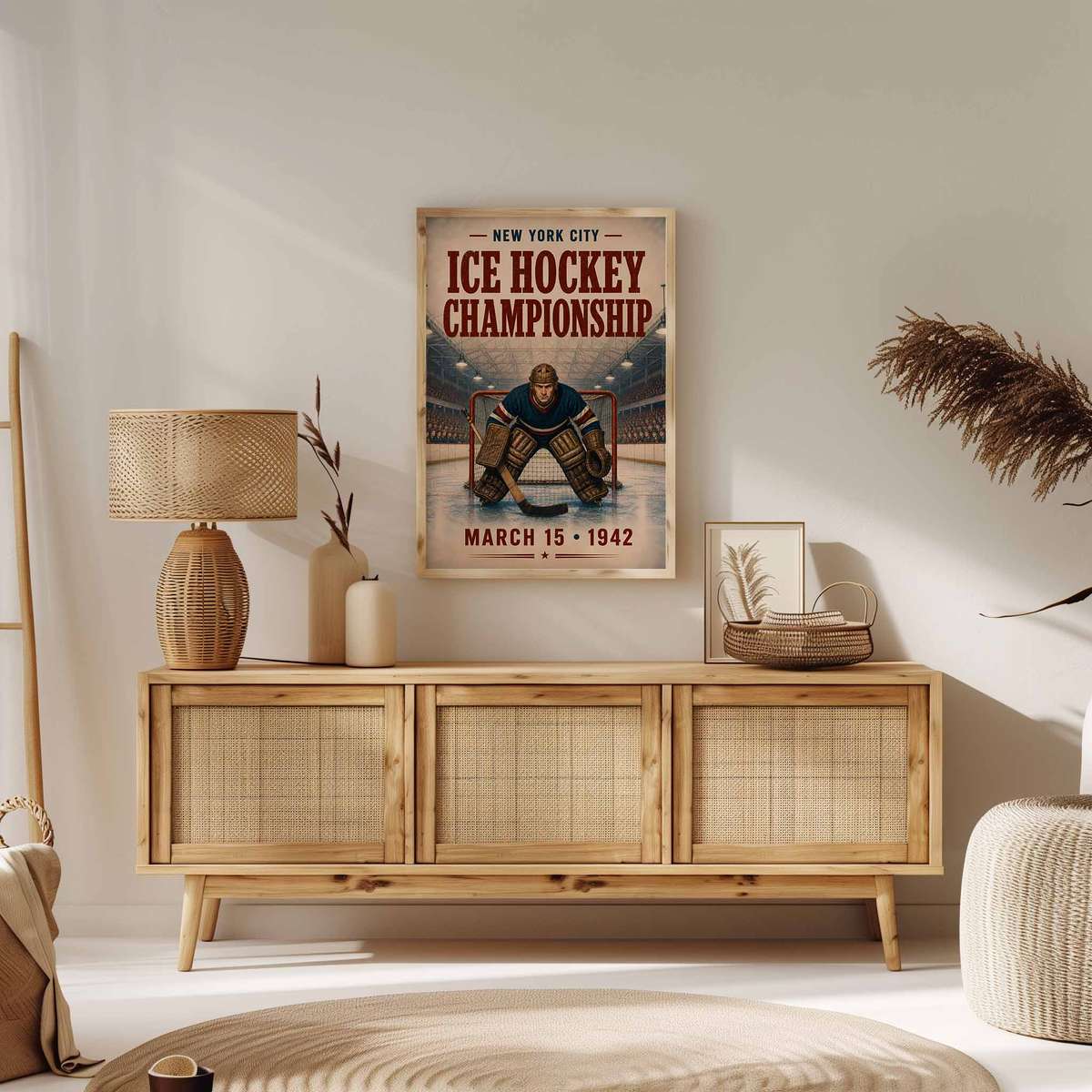 Vintage NHL Hockey wall art featuring puck movement with a dramatic arena atmosphere inspired by ny rangers goalie