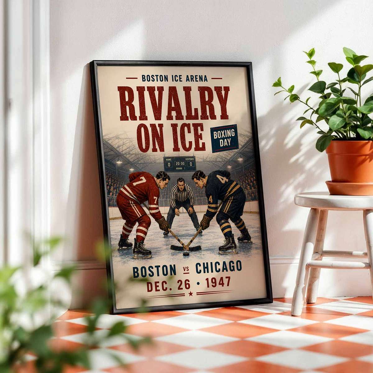 Old Hockey shown in a vintage composition showcasing puck movement with a dramatic arena atmosphere with English typography