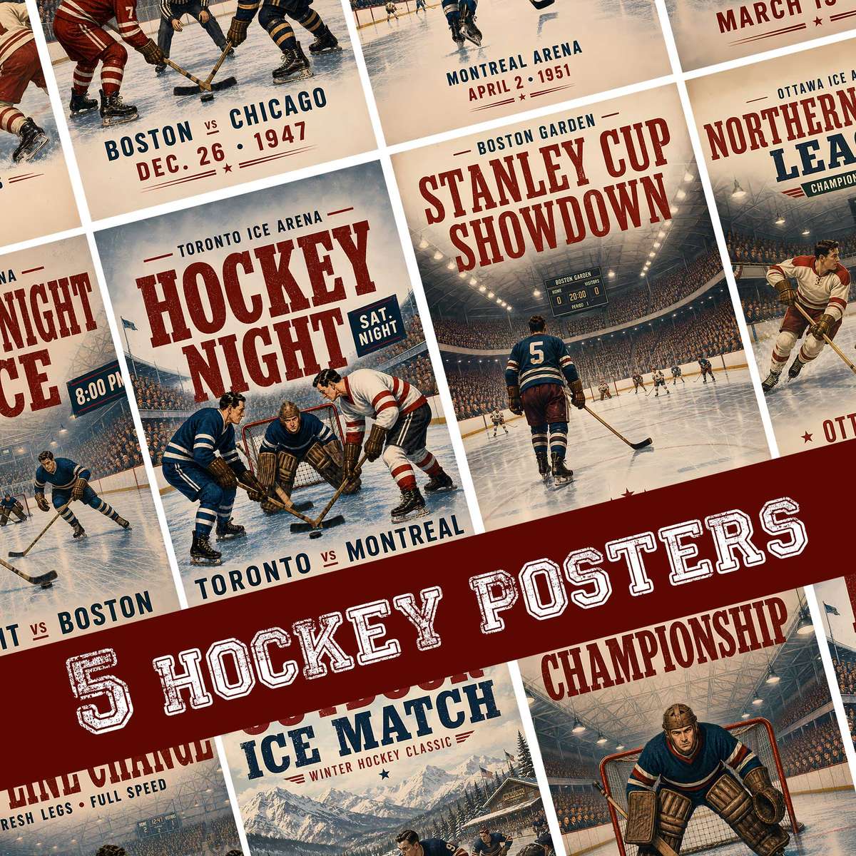 Old Hockey shown in a vintage composition showcasing puck movement with a dramatic arena atmosphere with English typography