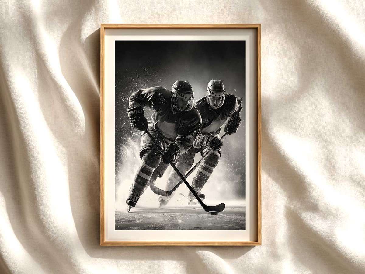 Close-up of a vintage hockey poster showing cracked paper, foxing spots and faded ink giving a warm patina