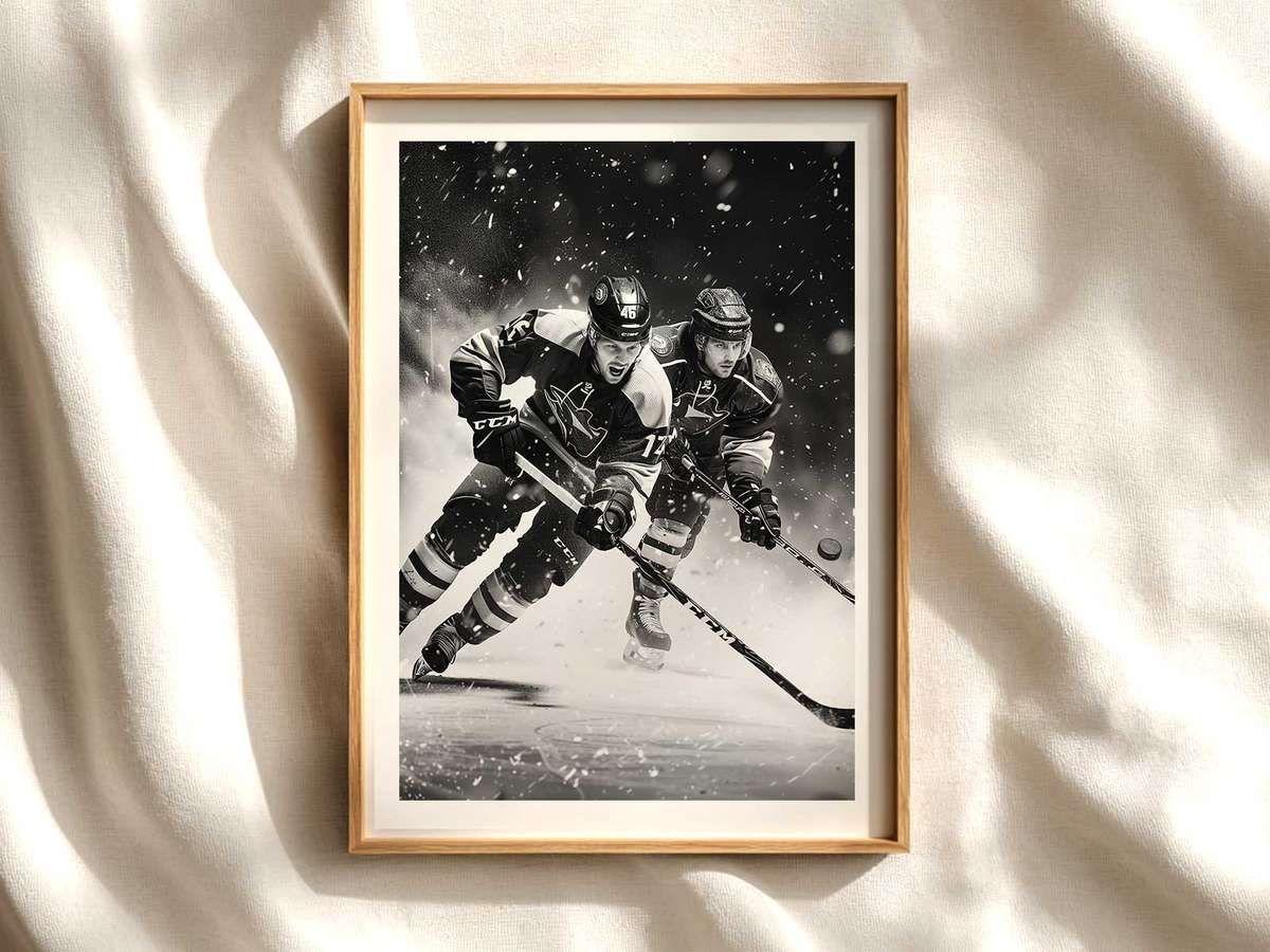 Close-up of a hockey skate blade carving a sharp edge into glossy ice, sending up a spray of frost