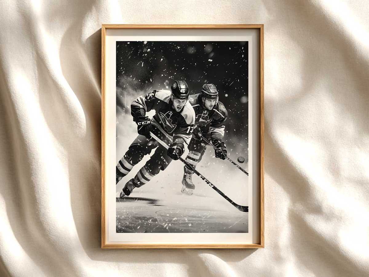 Close-up of a hockey skate blade carving a sharp edge into glossy ice, sending up a spray of frost