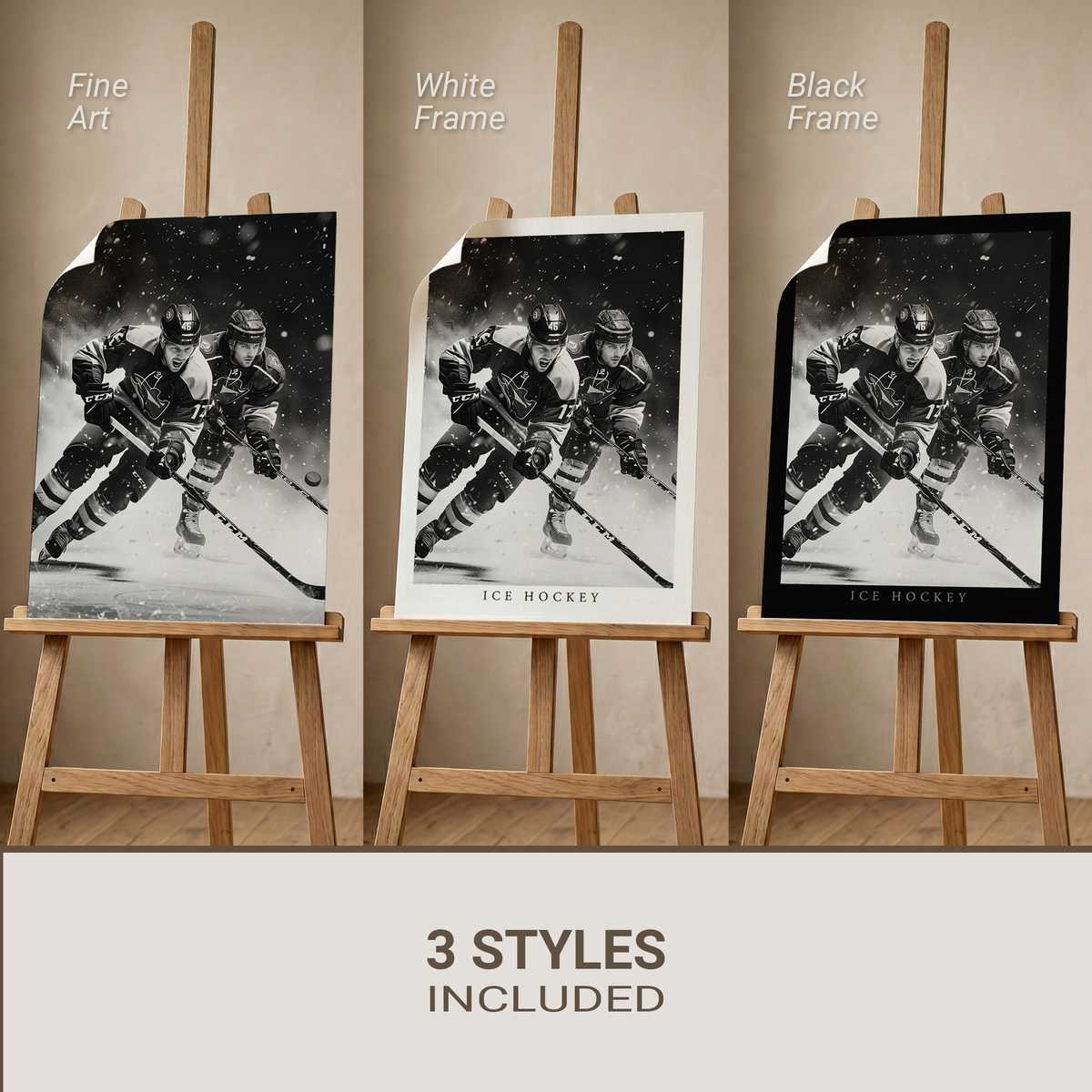 Poster showing rink ice reflecting overhead lights to create a cool, structured atmosphere in a bedroom