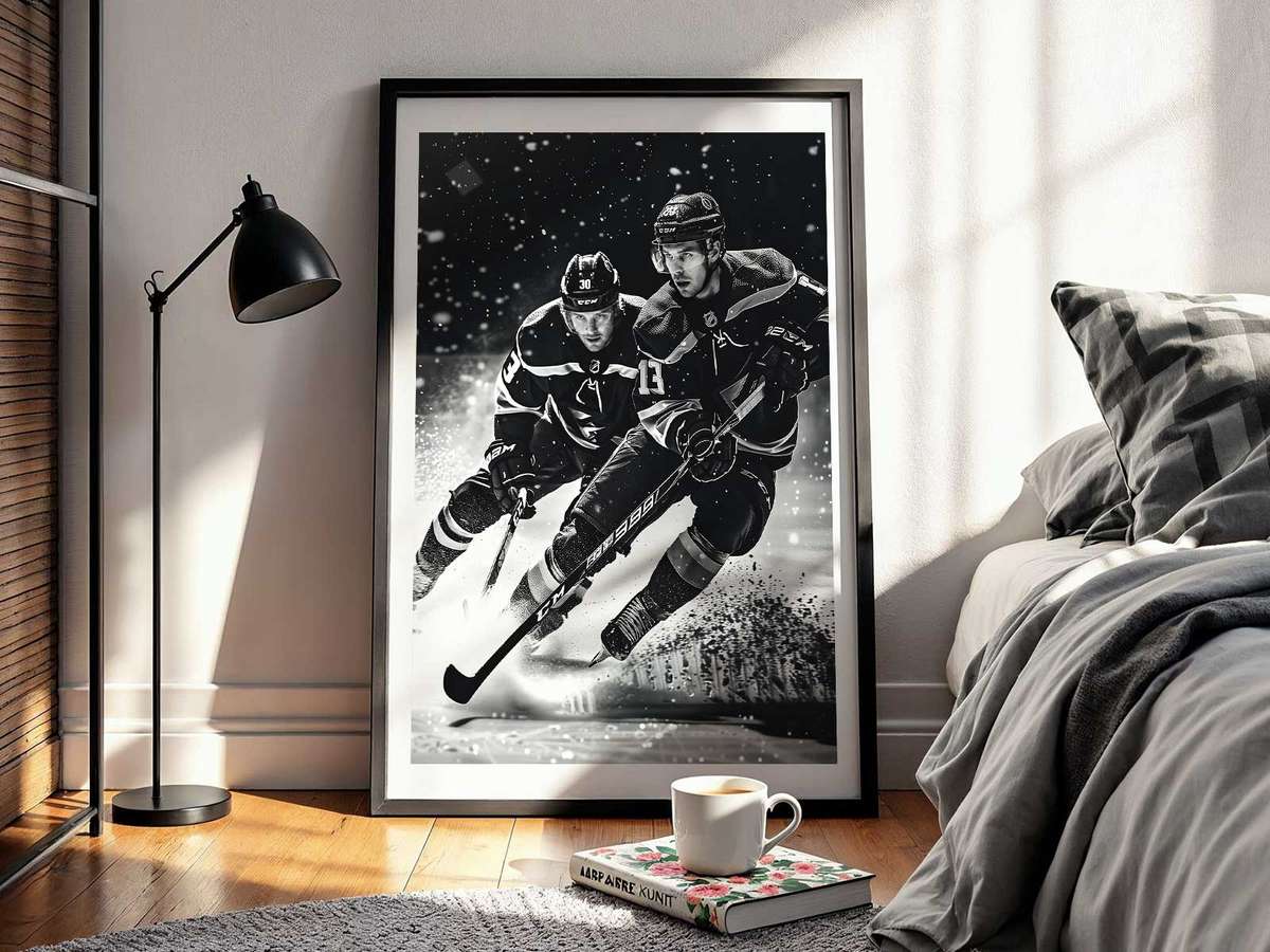 Skating player in mid-stride with legs and stick creating diagonal tension against a bright ice surface