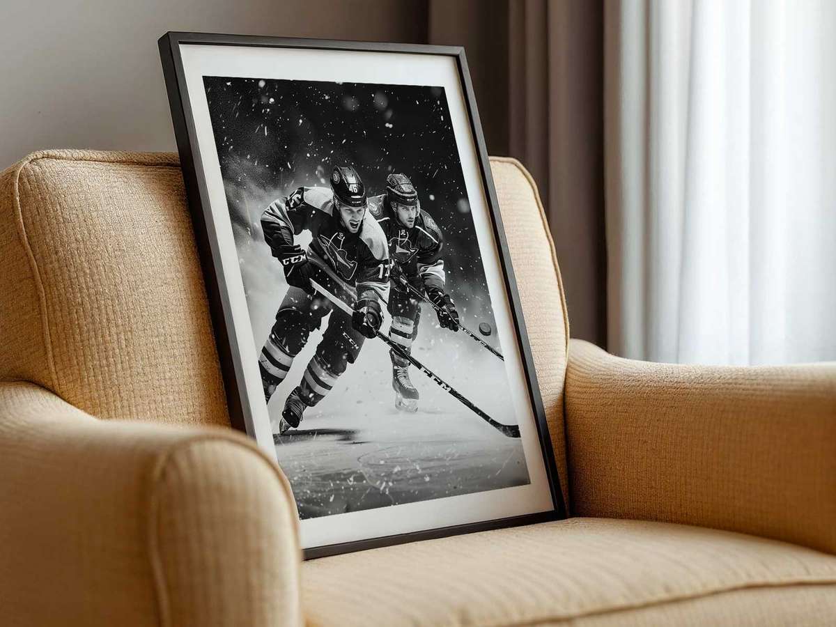 Puck juxtaposed with simplified floral shapes in high-contrast colors, merging celebratory motifs with hockey iconography