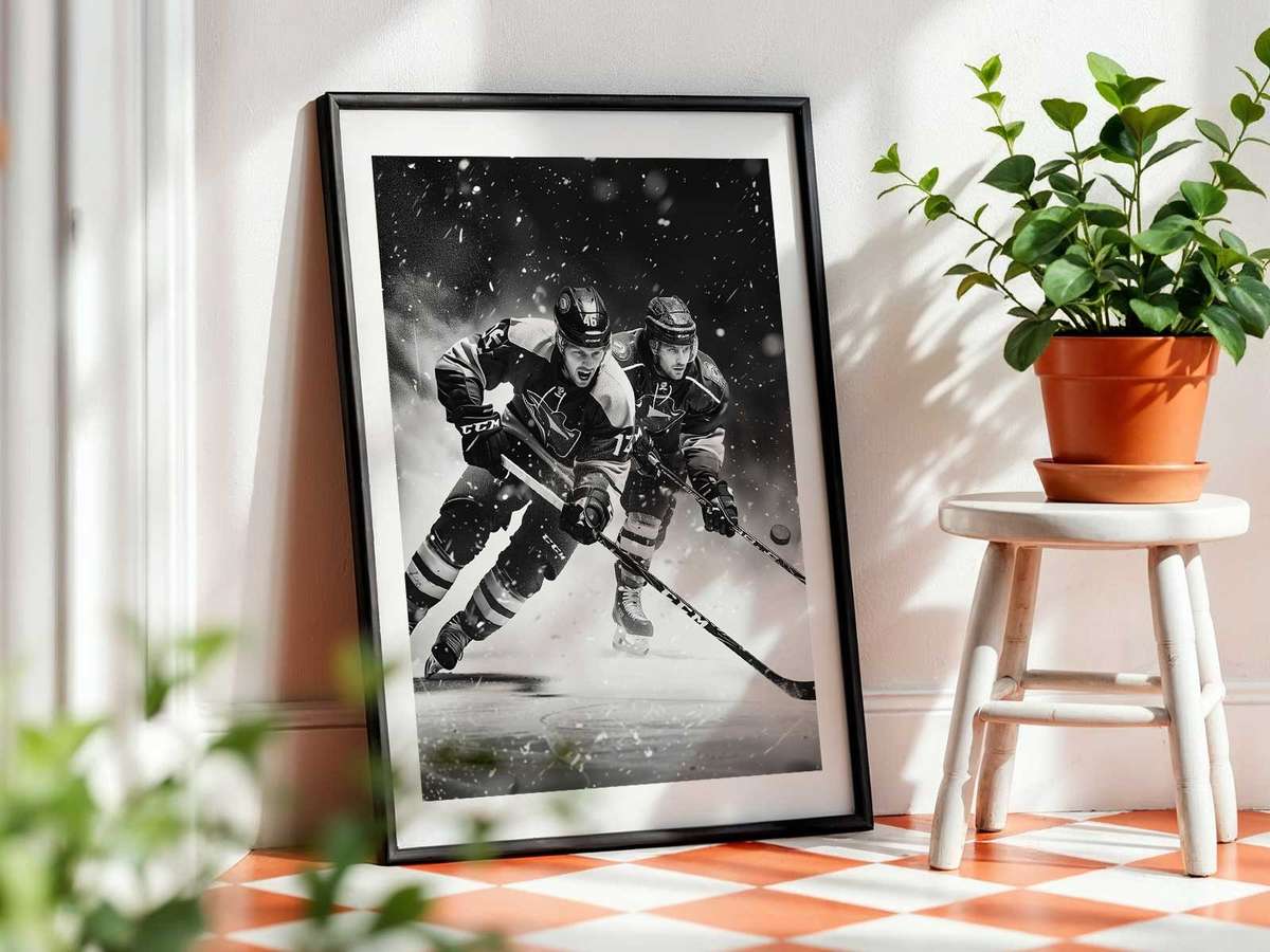 Puck seen in motion with a blurred trail across the ice and cool reflections beneath