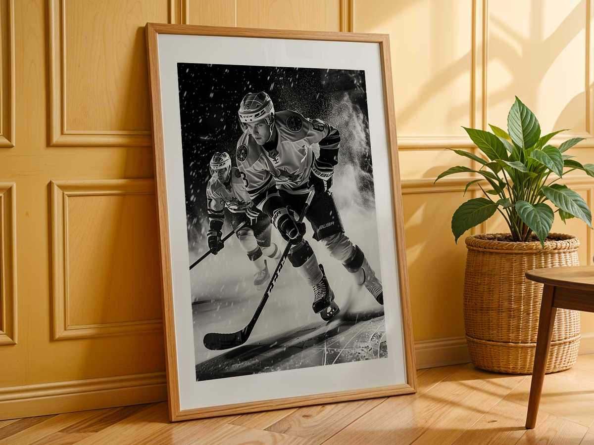 Collage-style poster layout combining a personalised puck with faded game photos and ticket stubs to evoke memory