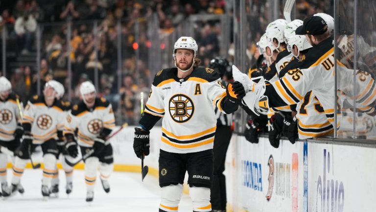 Boston Bruins players celebrate a goal at TD Garden during the 10-2 win over the New York Rangers on Jan 10, 2026.