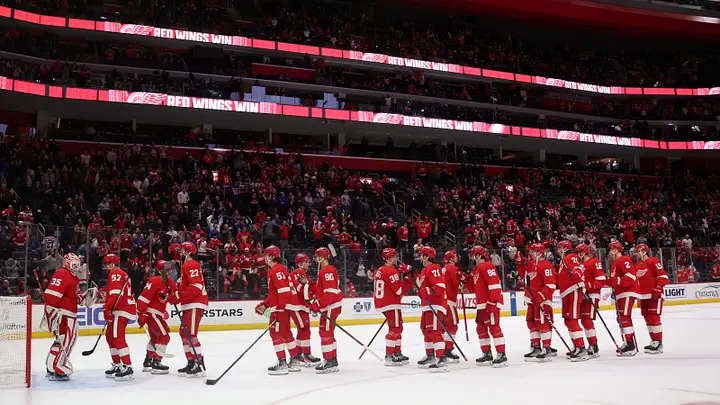 Dylan Larkin celebrating after scoring the overtime winner against the Maple Leafs at Scotiabank Arena