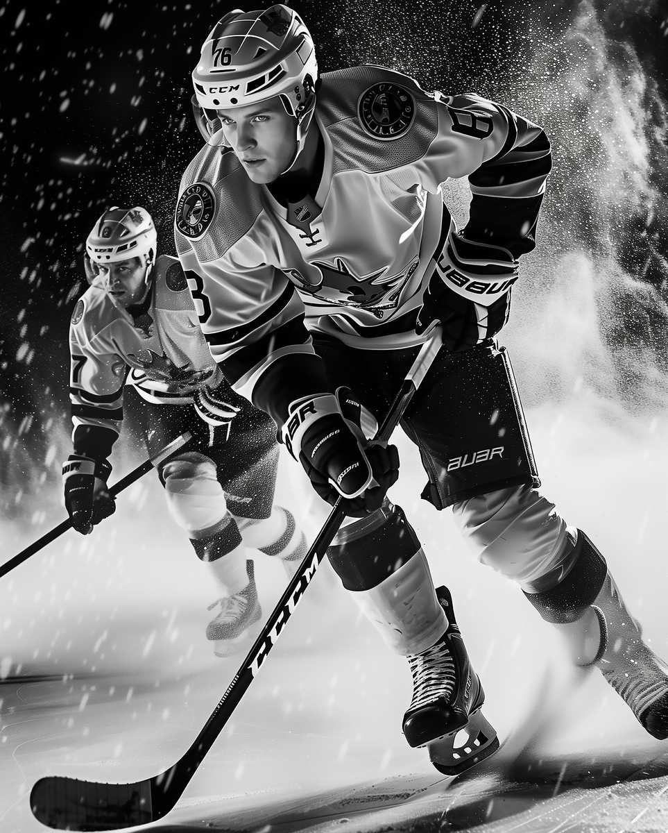 Silhouette of a hockey player mid-stride with motion blur against a minimalist background