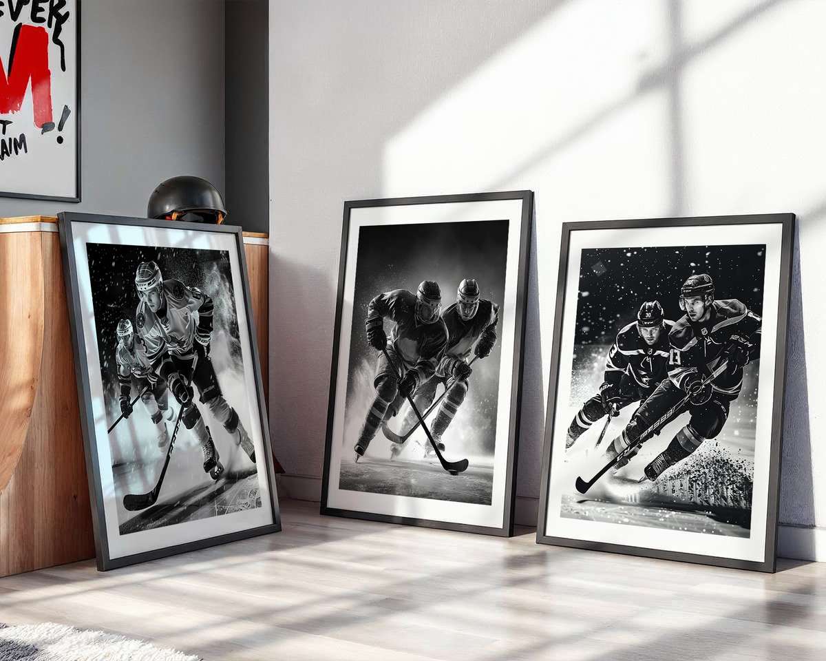 Hockey poster showing subtle ice reflections that brighten a bedroom wall without overpowering the space