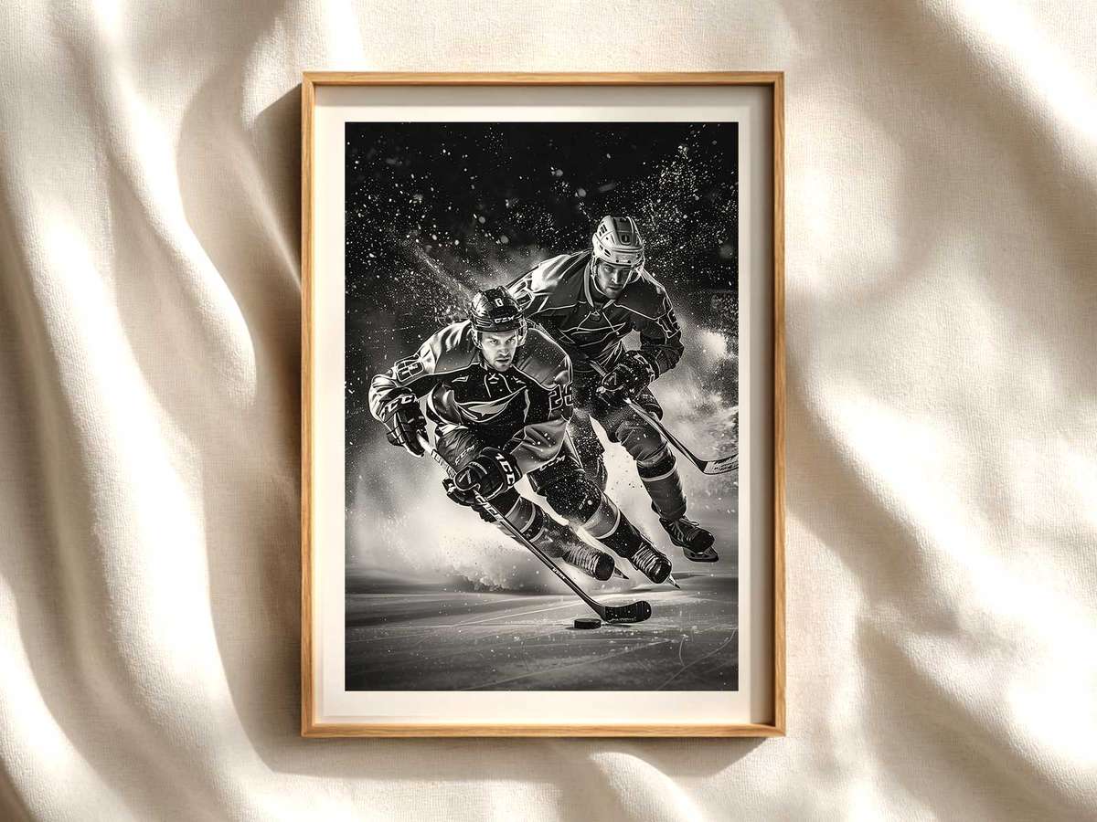 Close-up of a vintage hockey poster showing an aged, muted color palette and paper texture