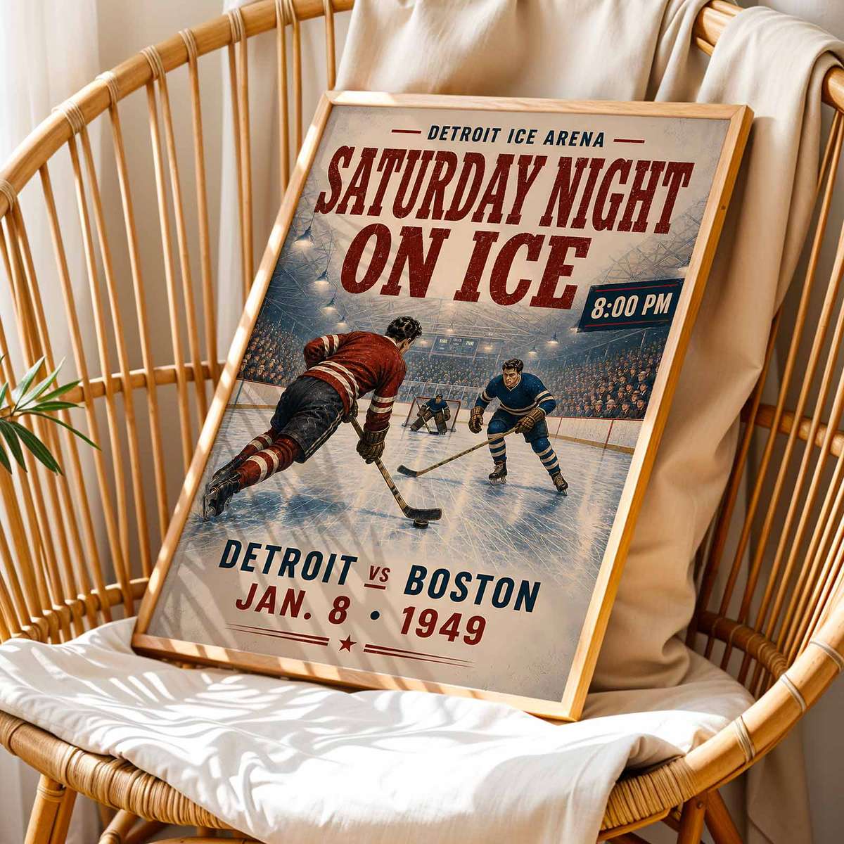 Vintage illustration of Sports hockey - Vintage 10- Collection of North American Ice Hockey. presented through rink-side character with intense sporting movement inspired by