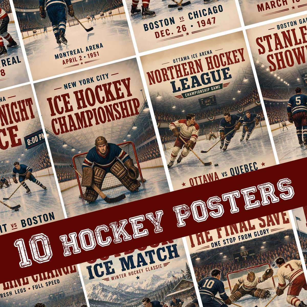 Sports hockey - Vintage 10- Collection of North American Ice Hockey. wall art showcasing competitive ice action and bold visual energy and a powerful visual character