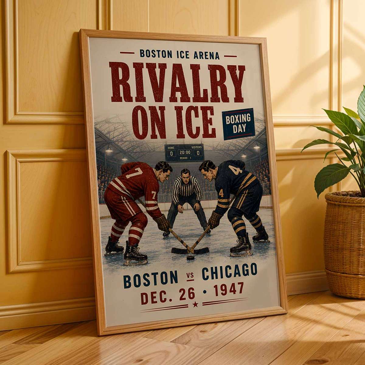 Sports hockey - Vintage 10- Collection of North American Ice Hockey. painting combining puck movement with a dramatic arena atmosphere in a intense composition