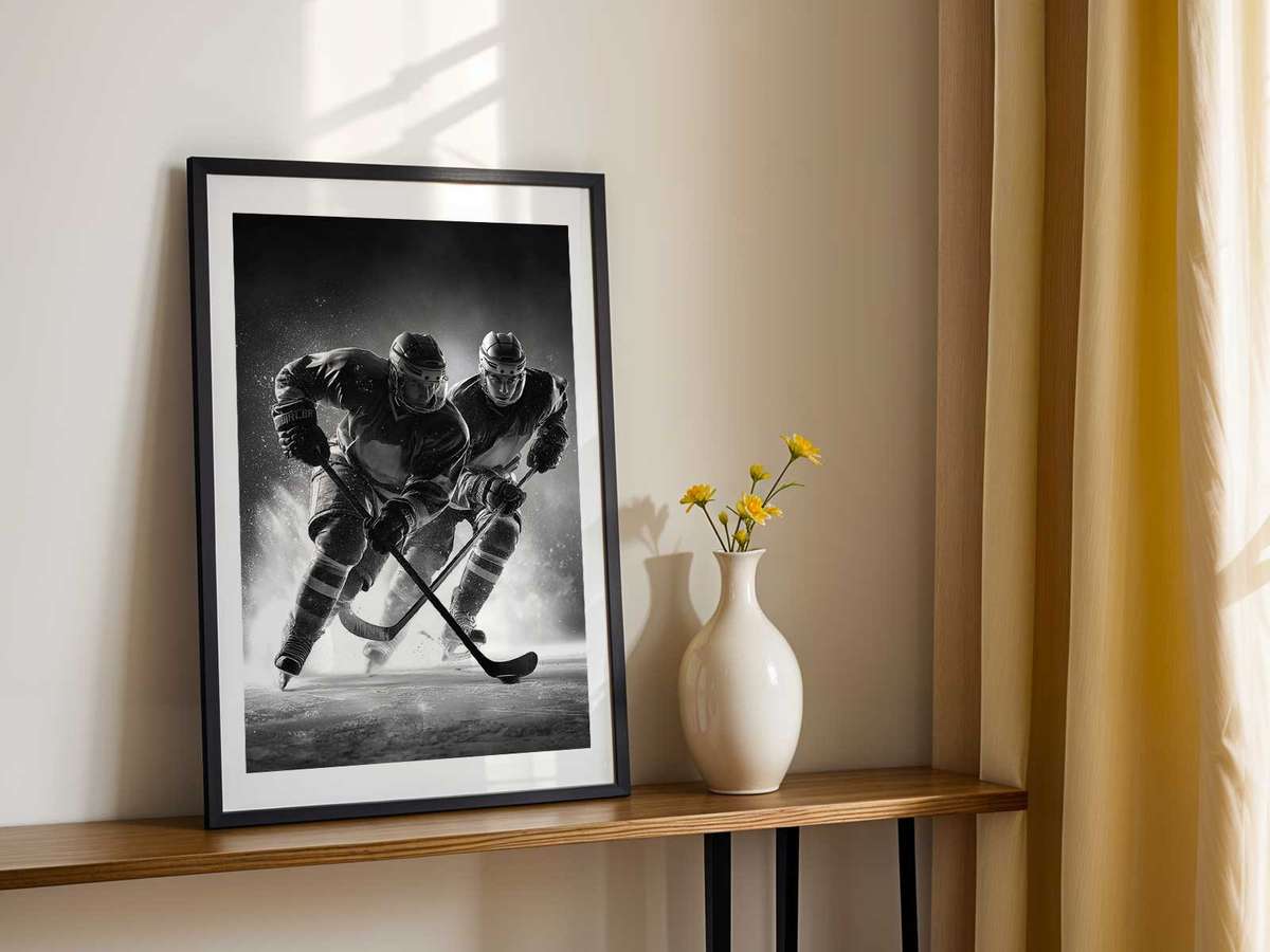 Close foreground of a taped stick and puck with a soft-focus Oilers uniform in the background
