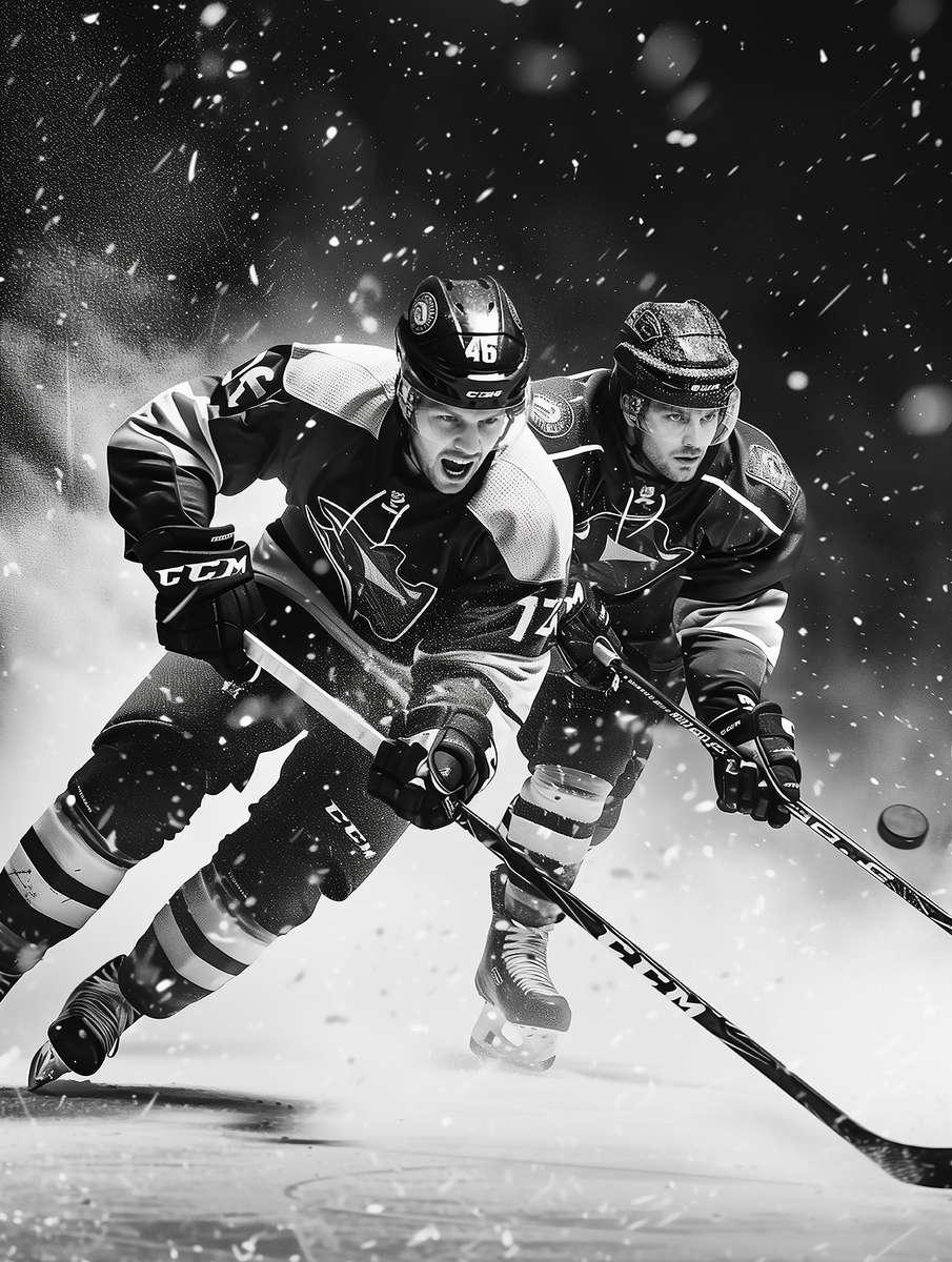 Tall vertical hockey silhouette composition that draws the eye upward and enhances room height