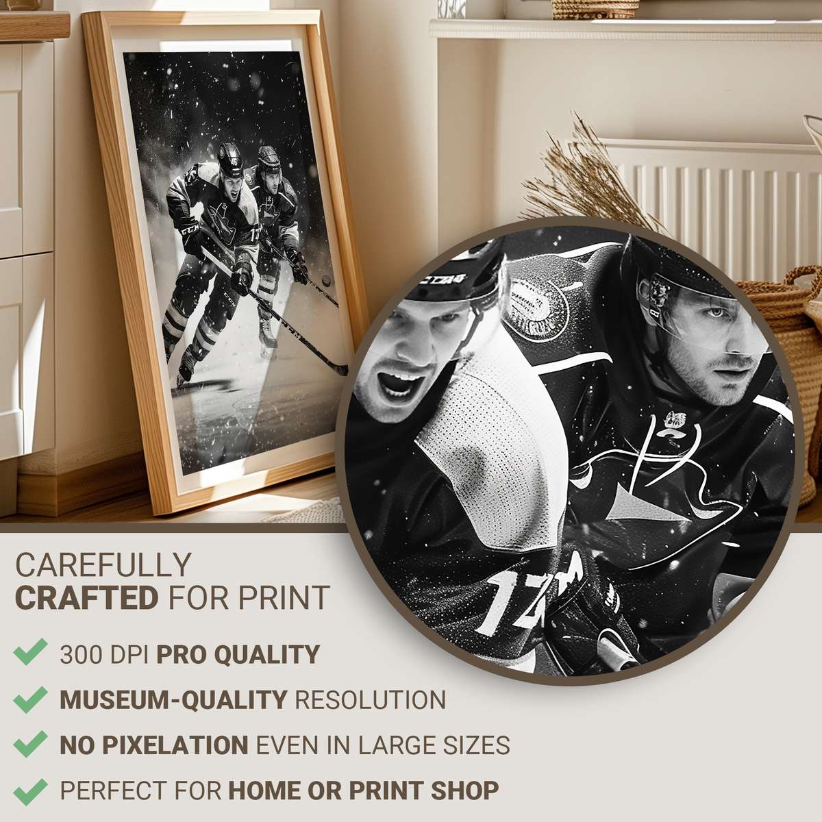 Close-up of a personalised hockey puck with engraved name and team logo resting on textured ice