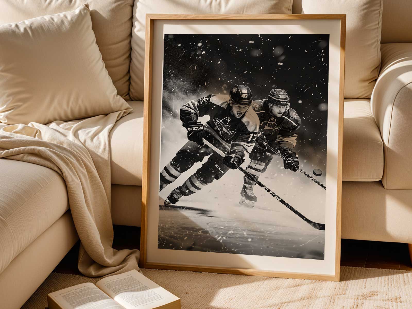 Detailed study of ice texture, skate marks and spray that add tactile depth and luminous highlights to wall art