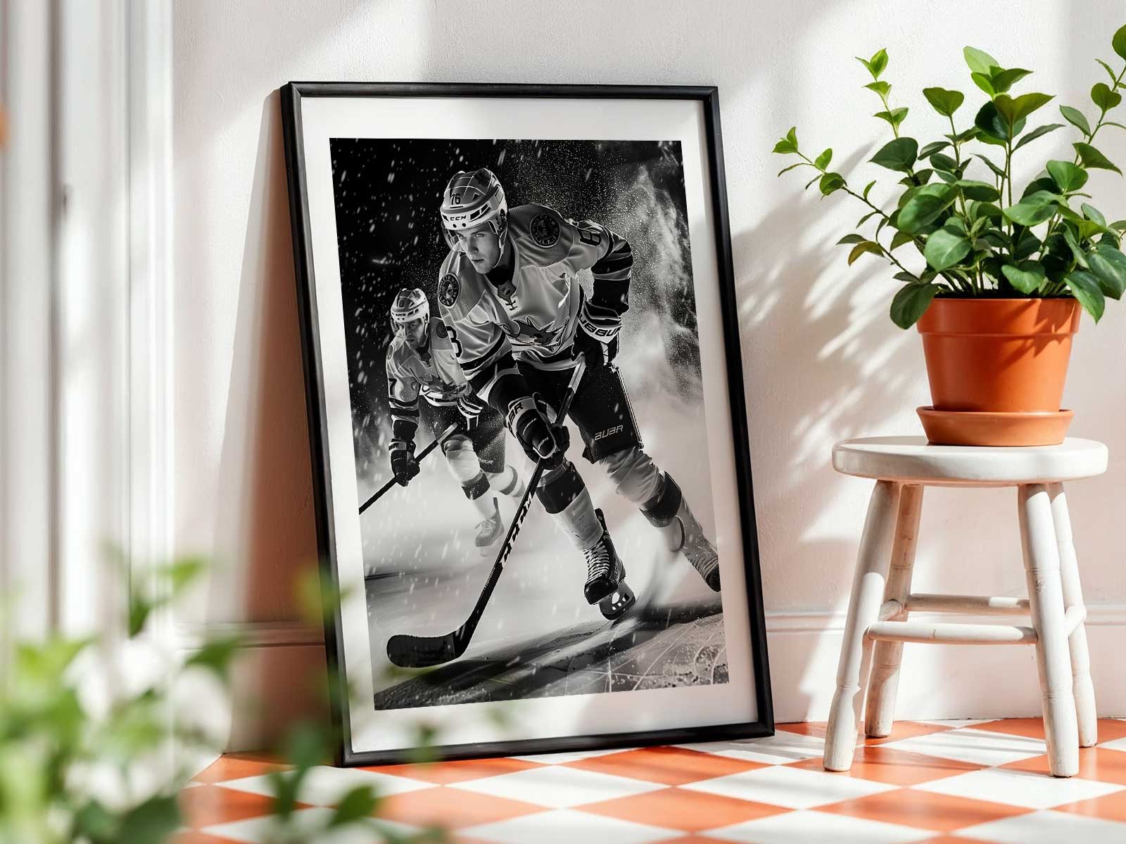 Netting pulled taut by a recent shot with the goalie framed behind the stretched mesh