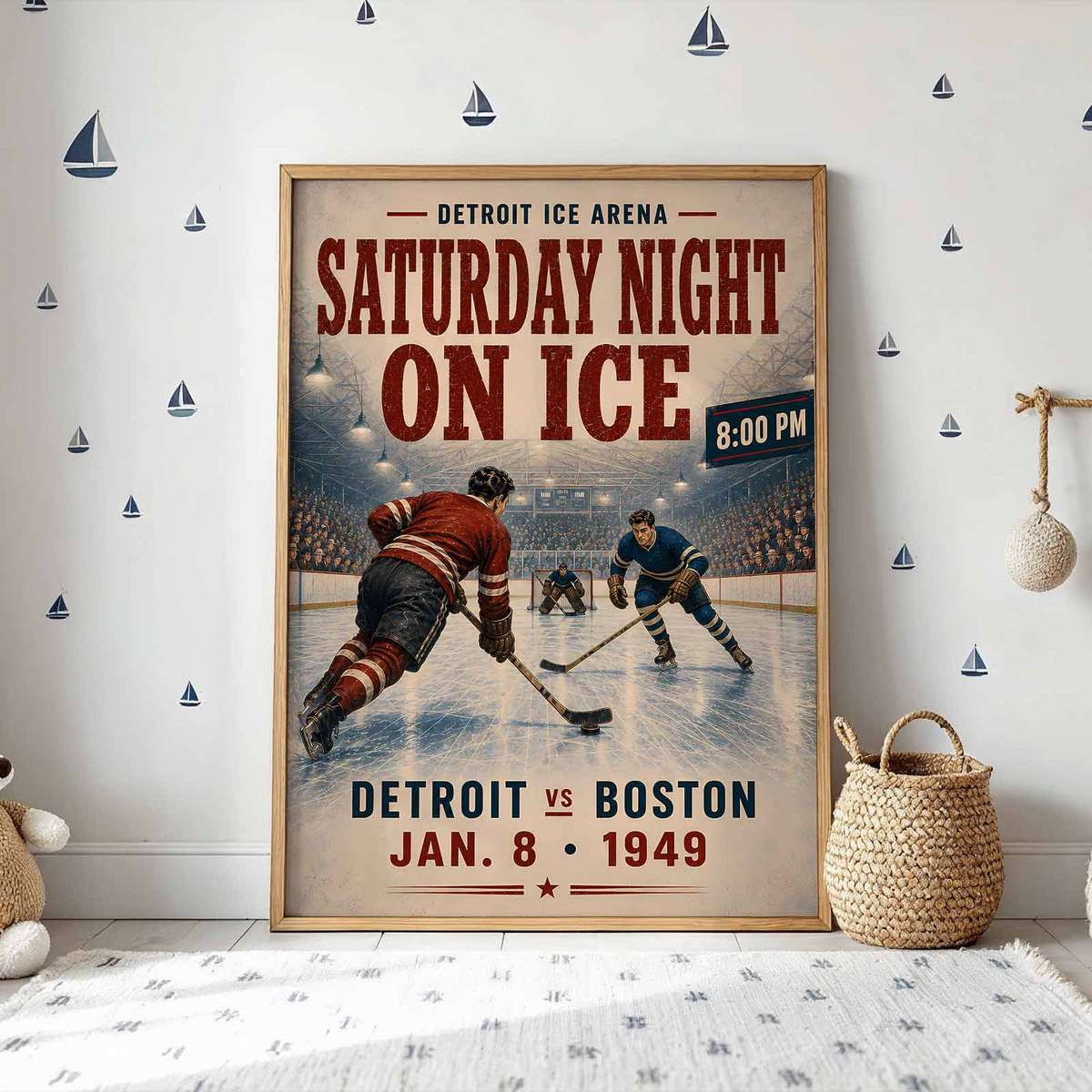 Vintage wall art centered on Boston Bruins Hockey with a competitive atmosphere