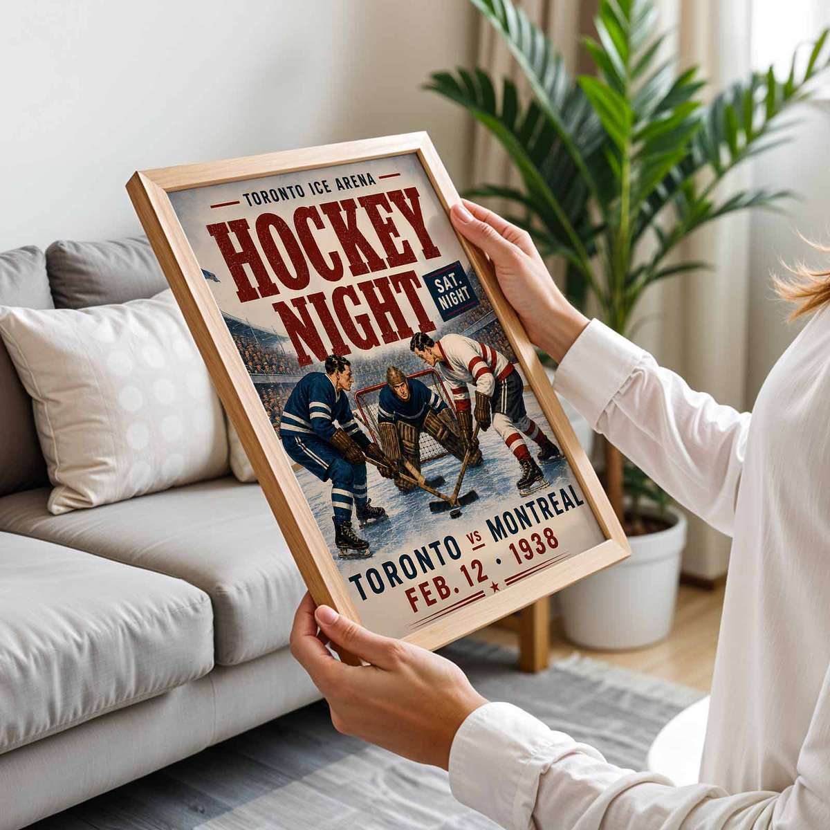 Hockey composition styled as poster and featuring rink-side character with intense sporting movement