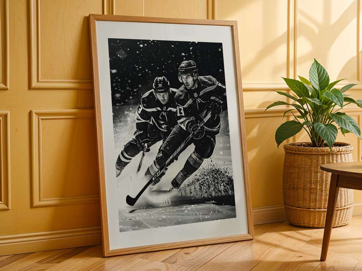 Vintage-style hockey stick poster with distressed ice texture and warm tones balancing nostalgia and brightness